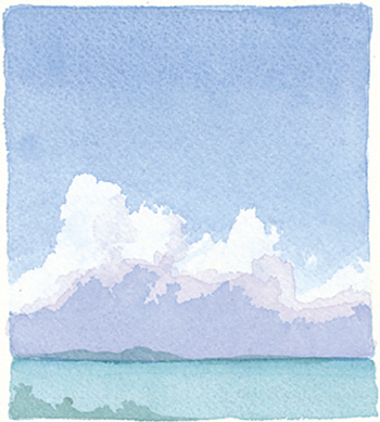 Watercolor of Exuma, Bahamas, "Clouds from Goat Cay" by Jane Chermayoff